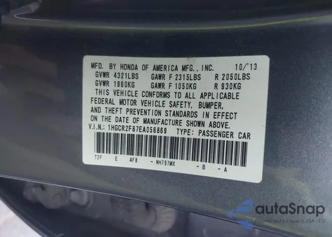 2014 Honda Accord Ex-L z USA, uszkodzony, nr VIN 1HGCR2F87EA056869